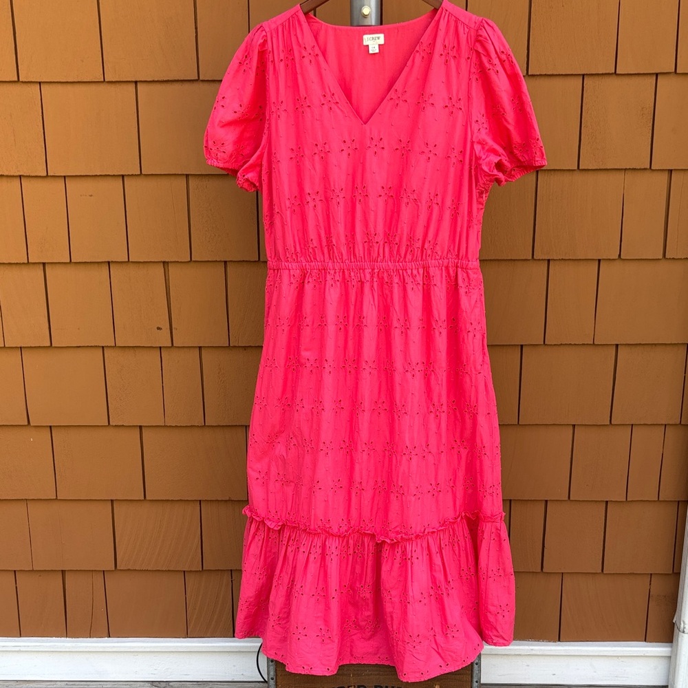 JCREW | Pink Eyelet Cotton V Neck Preppy Boho Ruffle Hem Midi Dress | Size 14